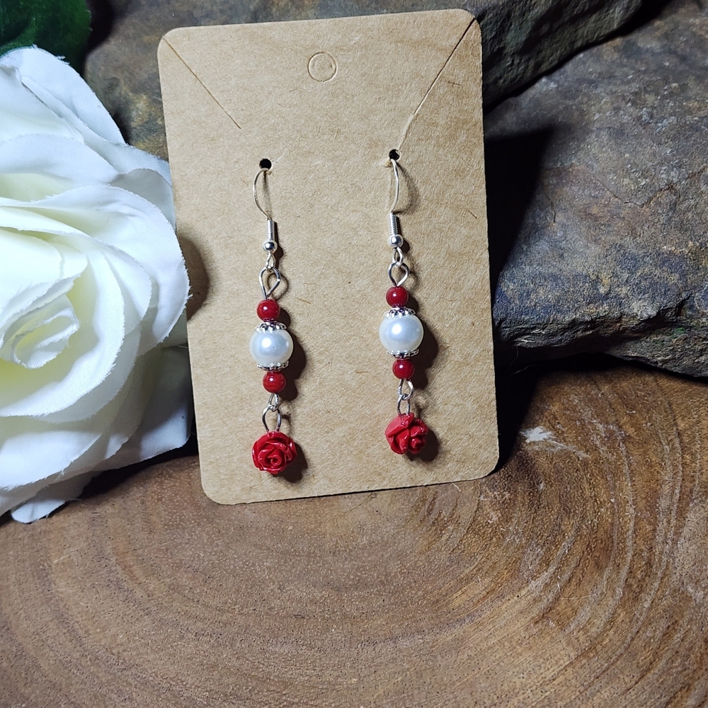 Hand Crafted Elegant Red Rose and Faux Pearl Earrings